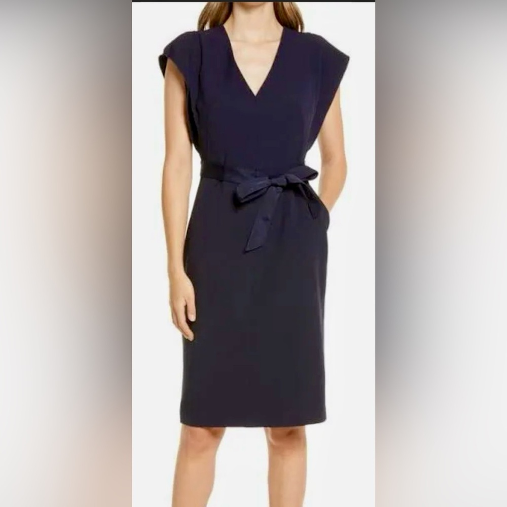 Eliza J Belted Flutter sleeve Crepe Dress with Zip Detail. Midnight blue.